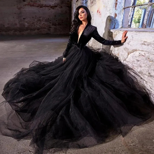 French Black Prom Dresses Gothic Tulle Charming Women Formal Evening Gowns Plunging V Neck Long Sleeves Bow Belt Met Gala As Picture