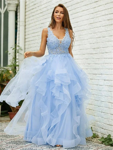 Light Blue Tulle Prom Dresses Edge Curl V-neck A-line Wedding Dress Lace Embroidery Floor-Length Vestidos De Fiesta