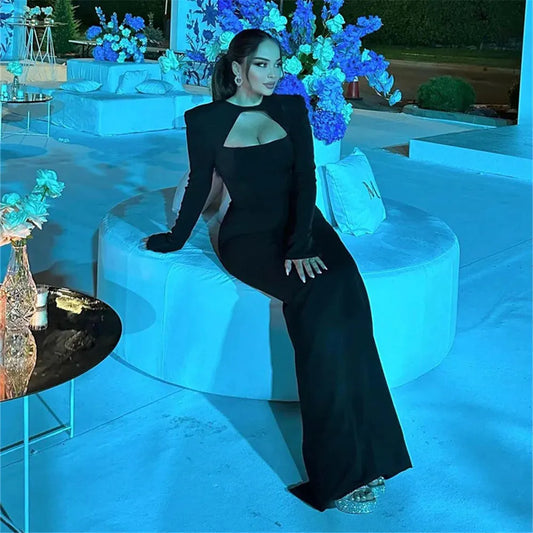 Sexy Black Sheath Prom Dresses Mermaid Two Pieces O-Neck Long Sleeves Floor Length Evening Dresses Women Party Gowns Black