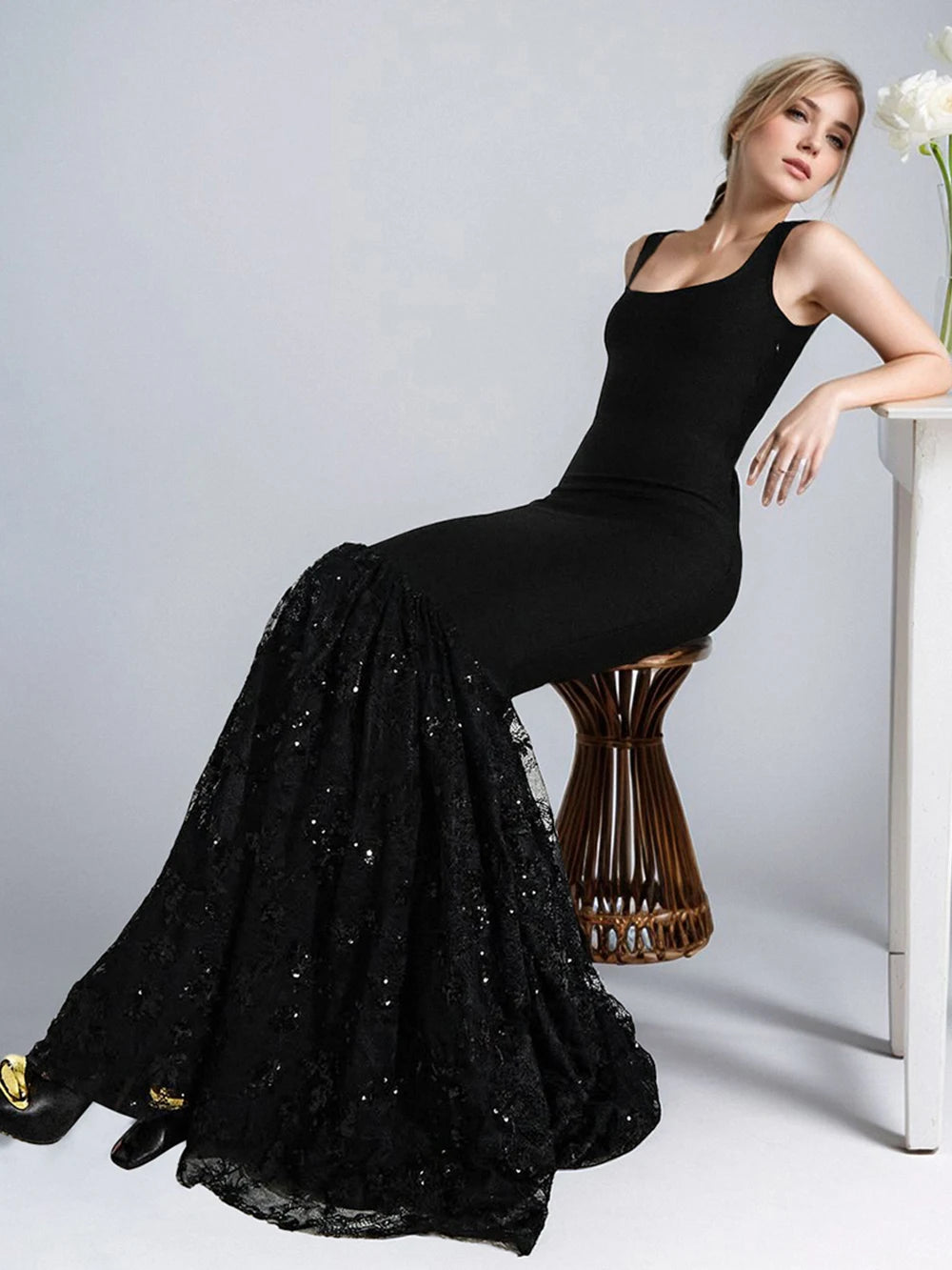 Black Lace Women Bandage Maxi Dresses Sleeveless Backless Square Neck Female Dress Sexy Hip Package Slim Patchwork Lady Vestidos