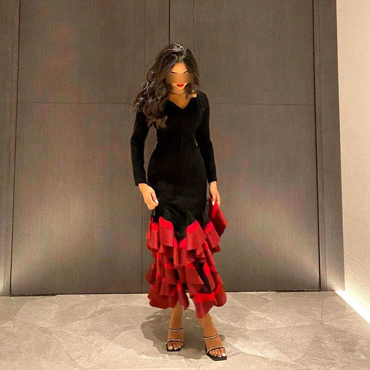Black Red Mermaid Evening Dresses Women Long Sleeves V-Neck Formal Prom Gowns Ankle-Length Bridesmaid Party Dress