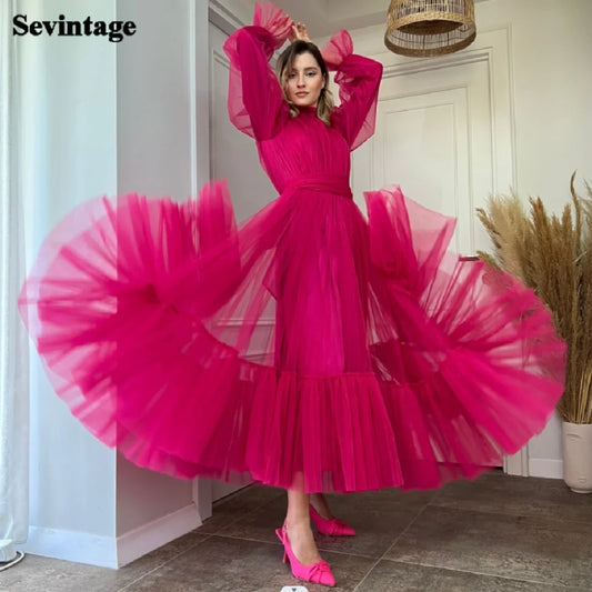 Long Sleeves Prom Gowns A Line Tulle Tiered Skirt Short Formal Special Party Dresses Women Bridesmaid Dress
