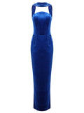 2025 Spring Sexy Women's Hanging Neck Sleeveless Blue Velvet Dress Fashion Bodycon Backless Long Dresses Evening Party Vestidos Blue