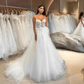 Women A-Line Wedding Dresses Spaghetti Straps Appliques Lace Long Bride Dress Boho Beach Wedding Prom Gowns Custom Size White 4