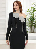 2025 Women's Light Luxury Water Diamond Flower Design Bandage Dress with Diagonal Collar Long Sleeve Bodycon Black Long Dresses