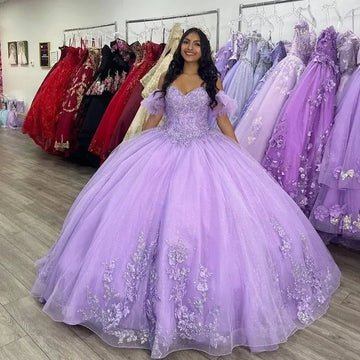 Glittering Quinceanera Dresses Vestidos De Años Floral Beading LacePrincess Birthday Party Gowns Corset Purple