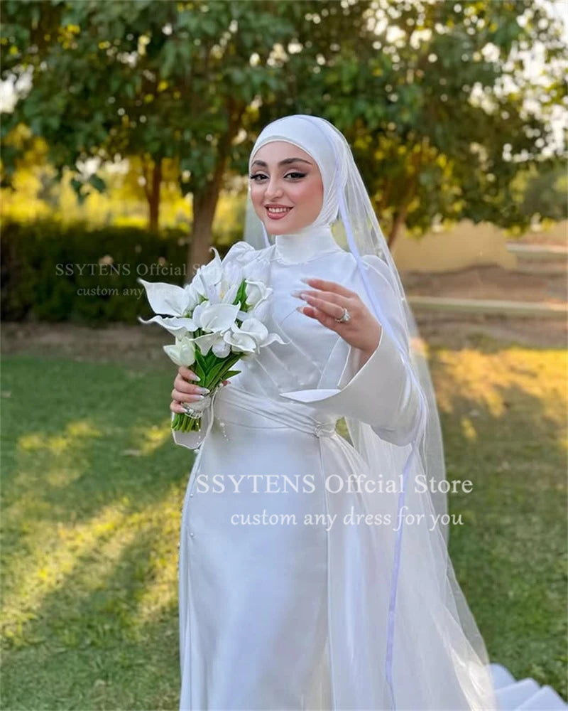 Luxury Muslim Wedding Dresses Mermaid Long Sleeve High Neck Satin Formal Bride Gowns Elegant Vestido De Novia Customized