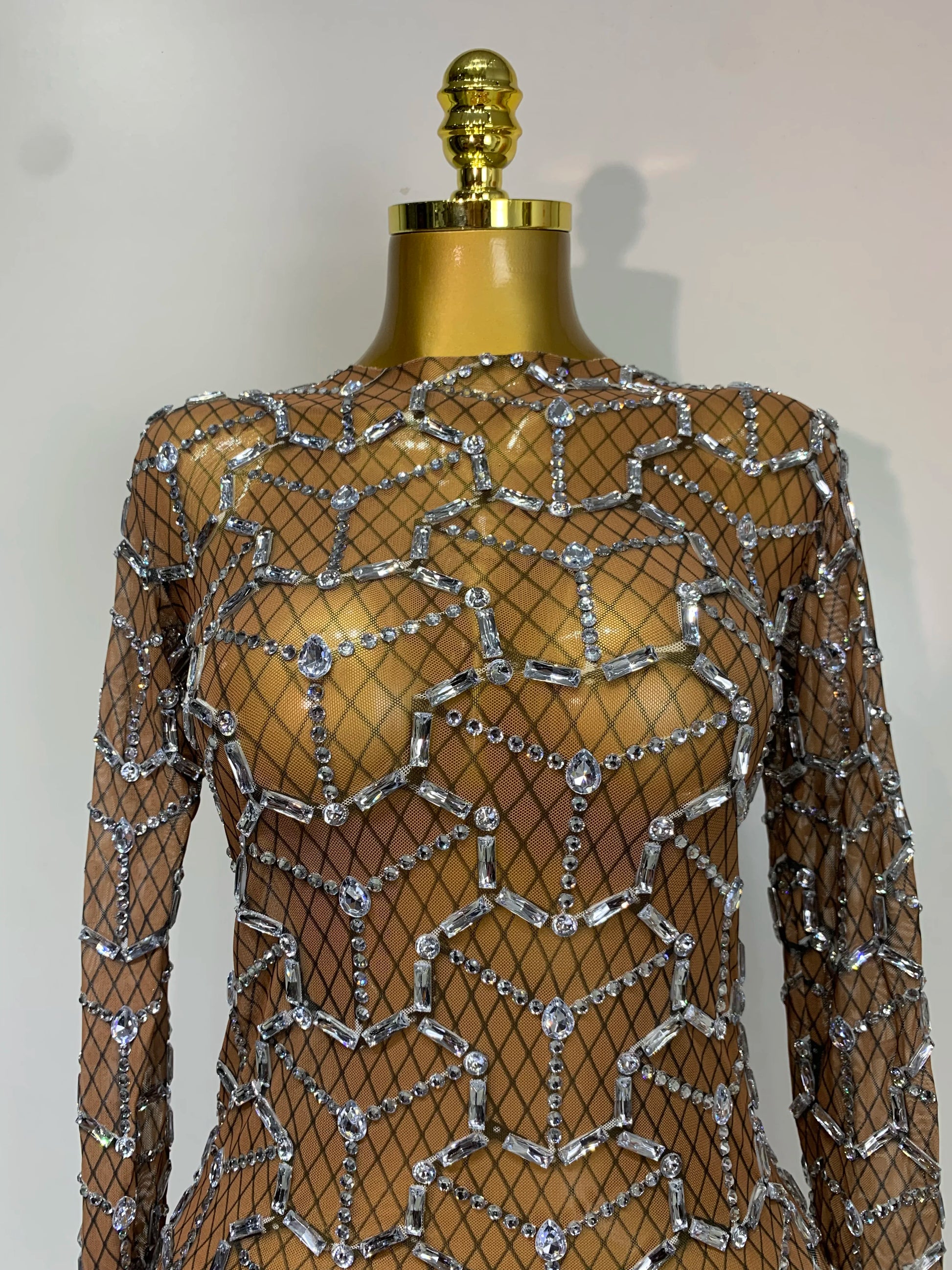 High Quality Women Elegant Long Sleeve Sparkly Rhinestones Mesh Bodycon Mini Dress See Through Evening Party Nightclub Outfit