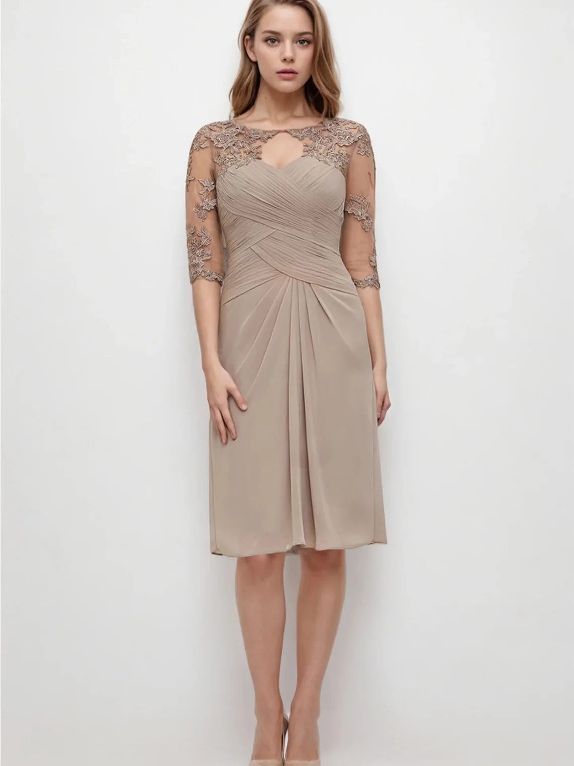 Mother Of The Bride Dress - Elegant Sheath Chiffon Dress Bateau Neckline Half Sleeve Knee-Length Appliqued Pleated Jacke Evening Dress 2025 Free Customized