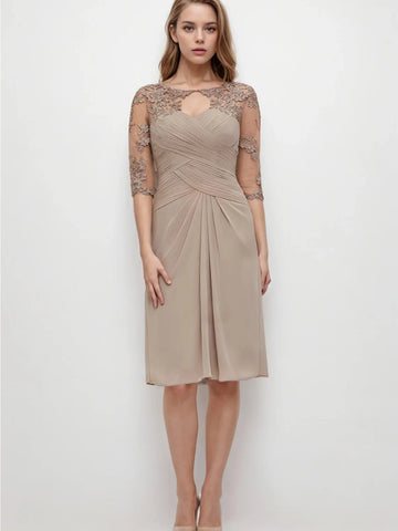 Mother Of The Bride Dress - Elegant Sheath Chiffon Dress Bateau Neckline Half Sleeve Knee-Length Appliqued Pleated Jacke Evening Dress 2025 Free Customized