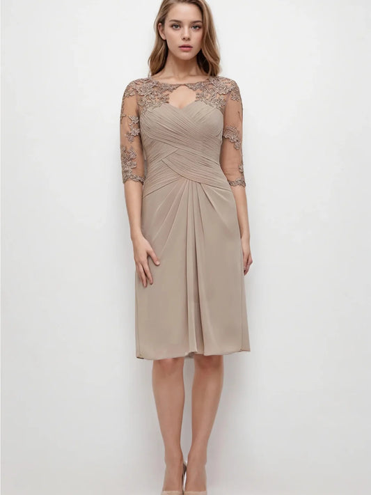 Mother Of The Bride Dress - Elegant Sheath Chiffon Dress Bateau Neckline Half Sleeve Knee-Length Appliqued Pleated Jacke Evening Dress 2025 Free Customized