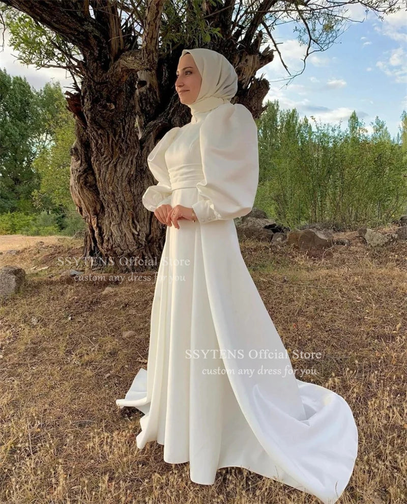 Muslim Wedding Dresses Puff Sleeve Satin Civil Bridal Gowns Customized Bride Dress Muslim robe de mariée