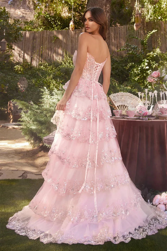 Strapless Prom Dresses Lace Appliques Tulle A-line Wedding Dress Shiny Sequin Sexy Side High Split Vestidos De Fiesta Pink