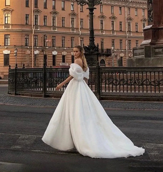 Sexy Side Slit Wedding Dresses Boat Neck Bridal Robes Off The Shoulder Puff Sleeves A-Line Gown For Bride Vestidos De Novia