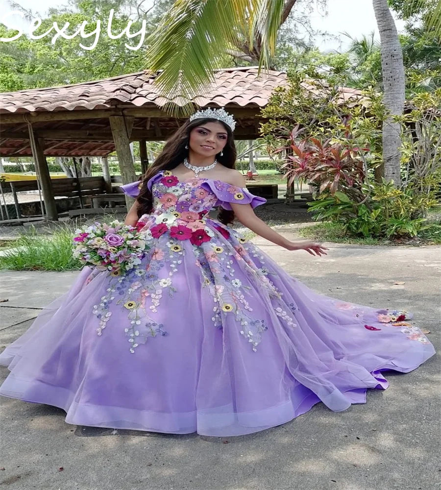 Fairy Lilac Quinceanera Dresses Off Shoulders Colorful Flowers Princess Vestido De 15 Años Debutante Charro Sweet 16 Customized