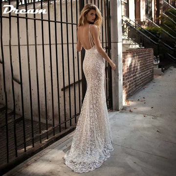DREAM Deep V Neck Sexy Mermaid Wedding Dress Glitter Beading Lace Sleeveless Backless Luxury Bridal Gown
