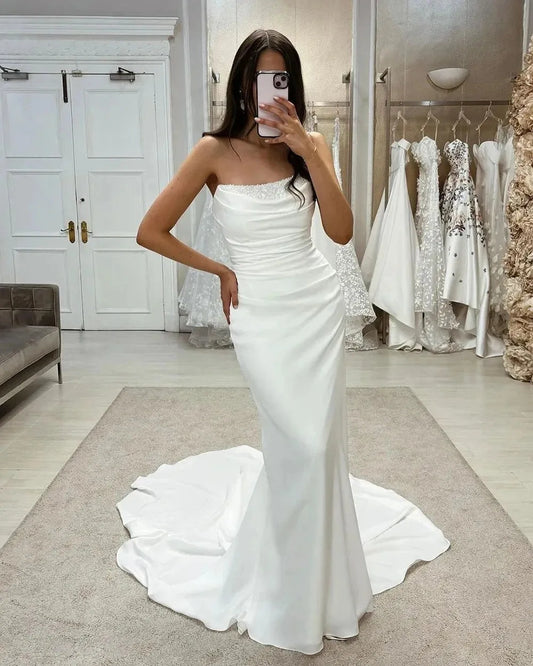 Simple Elegant Satin Mermaid Wedding Dress For Woman Beading Strapleess For Women Elegant Customize To Measures