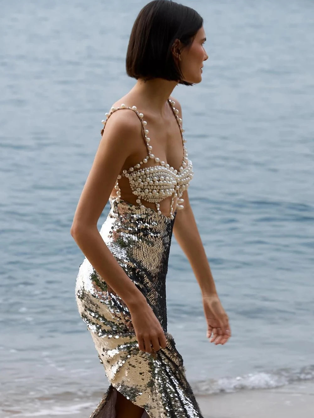 New Women Summer Sexy Backless Pearl Beads Diamonds Silver Sequin Midi Bodycon Dress 2025 Elegant Evening Party Gowns Vestido