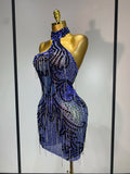 Sexy Sparkly Rhinestones Chains Blue Mesh Mini Dress 2025 New Women Party Celebrate Birthday Dresses Photo Shoot Stage Outfit