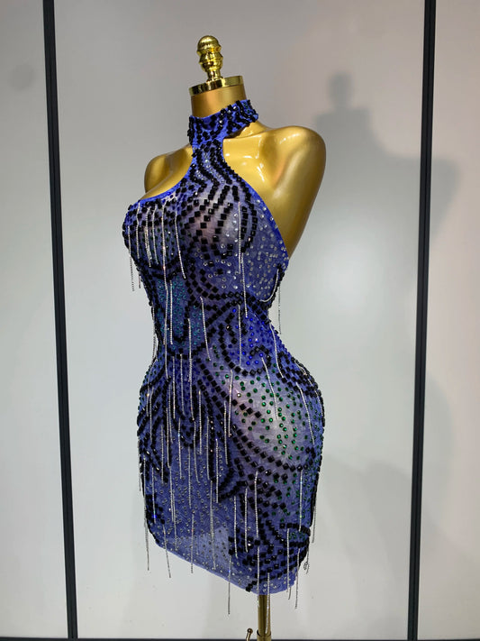 Sexy Sparkly Rhinestones Chains Blue Mesh Mini Dress 2025 New Women Party Celebrate Birthday Dresses Photo Shoot Stage Outfit