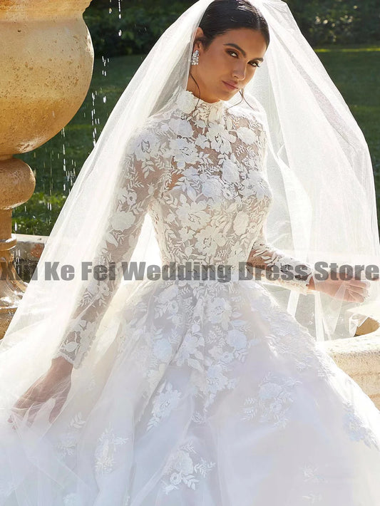 2023 Muslim Women's Wedding Dresses Lace Applique Long Sleeve High Collar A-Line Princess Bridal Gowns свадебное платье Vestido
