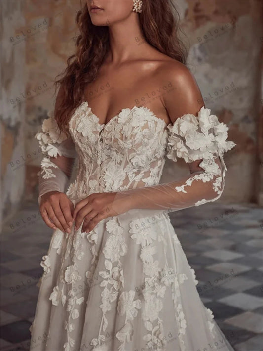 Exquisite Wedding Dresses Romantic Bridal Gowns 3D Flower Appliques A-Line Tulle Tiered Robes Off The Shoulder Vestidos De Novia