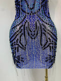 Sexy Sparkly Rhinestones Chains Blue Mesh Mini Dress 2025 New Women Party Celebrate Birthday Dresses Photo Shoot Stage Outfit
