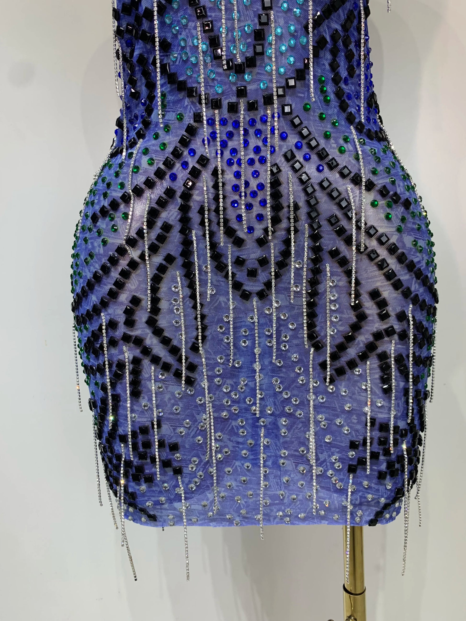 Sexy Sparkly Rhinestones Chains Blue Mesh Mini Dress 2025 New Women Party Celebrate Birthday Dresses Photo Shoot Stage Outfit