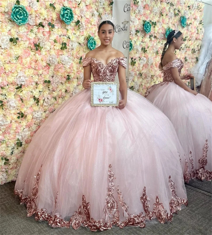 Luxury Pink Quinceanera Dresses Charro Sequin Vestidos Para 15 Quinceanera Xv Años Lace Up Birthday Party Pageant Customized