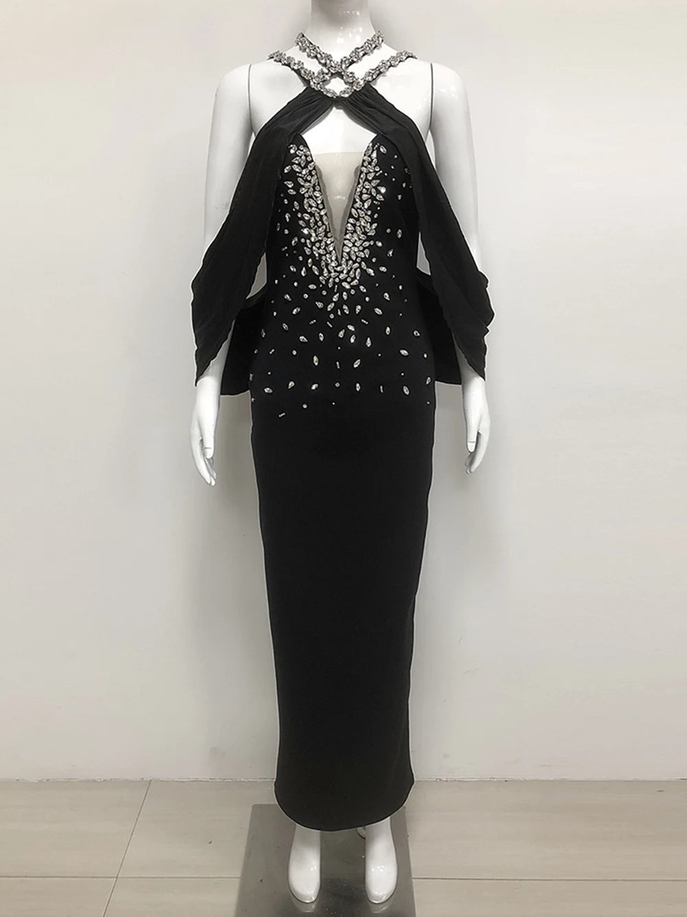 Elegant Women'S Spaghetti Strap Bandage Long Dress Luxury Diamonds Sexy Backless Tight Maxi Dress Celebrity Evening Party Gowns