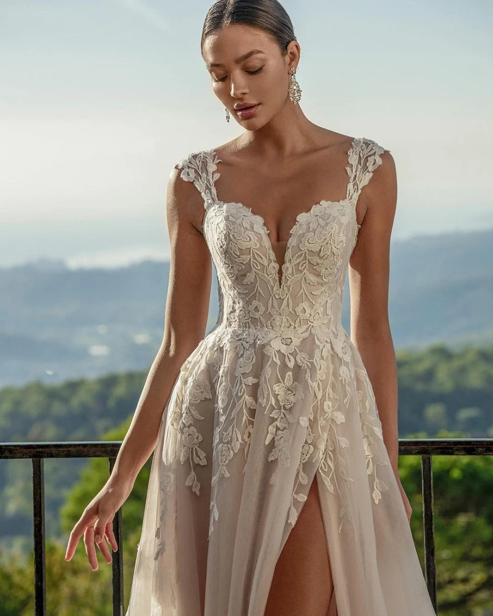 Msikoods Ivory Lace Appliques Wedding Dresses Side Split Bridal Gowns Illusion A Line Princess Bride Dress Custom Size