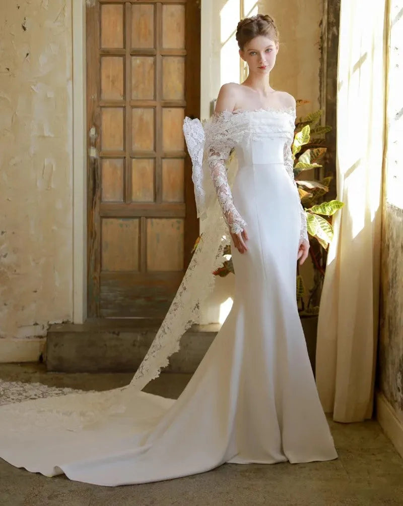 Graceful Wedding Dresses Satin Sheath Mermaid Off The Shoulder Simple Bridal Gowns Glamorous Robes Pretty Vestidos De Novia As Picture