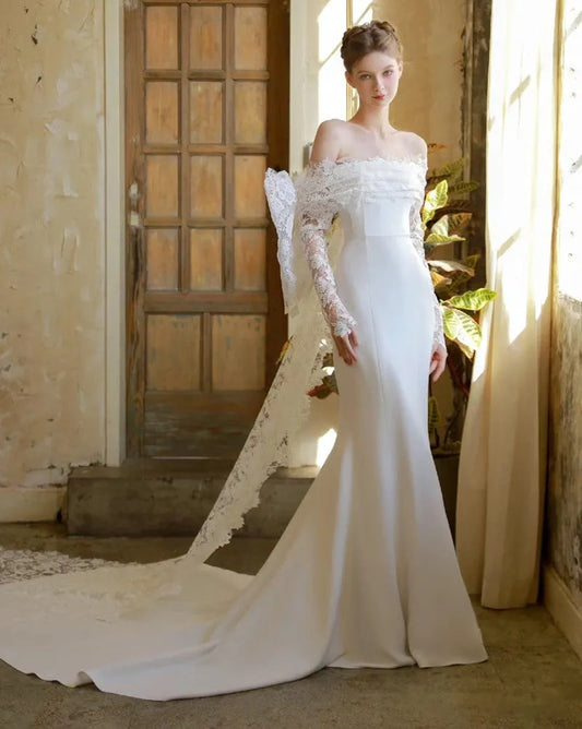 Graceful Wedding Dresses Satin Sheath Mermaid Off The Shoulder Simple Bridal Gowns Glamorous Robes Pretty Vestidos De Novia As Picture