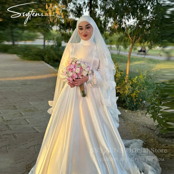 Muslim A-line Wedding Dresses High Collar Satin Bride Gown Floor Length Bridal Dress Long Sleeves Custom robe de mariée