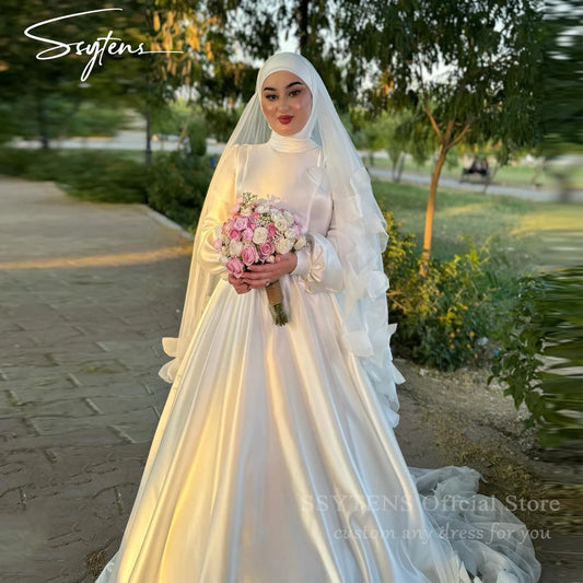 Muslim A-line Wedding Dresses High Collar Satin Bride Gown Floor Length Bridal Dress Long Sleeves Custom robe de mariée WHITE