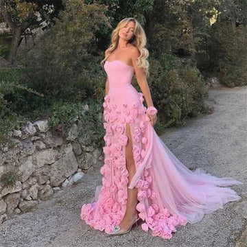 Fairy Pink Tulle Prom Dresses Strapless A-Line 3D Flowers High Side Slit Formal Occasion Dresses Pink