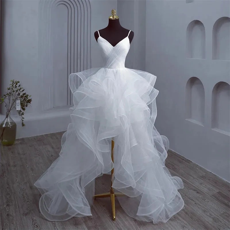 Short Front Long Back Gothic White Wedding Dresses Spaghetti Straps Deep V Neck High-low Bridal Gowns Vestido Custom Color White