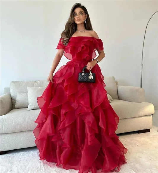Off Shoulder Prom Dress Edge Curl Organza Vestidos De Noche Elegant Multilayer Puffy Prom Dress Maxi Weddding Dress Red