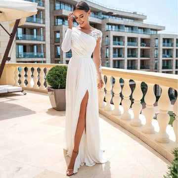 Beautiful Dress Unique Wedding Dress Asymmetric Long Sleeve Lace Appliques A-Line Chiffon Floor-Length Bridal Dress Eveing Dress White