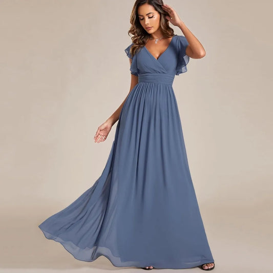 Customized Mother of Dresses A Line Elegant V Neck Bride Party Dress Short Sleeve Chiffon Evening Gowns robes invitée mariage Picture Color