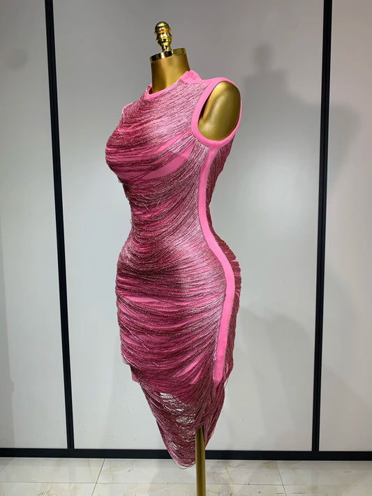 Women Sexy Tassel Pink Mini Bodycon Bandage Dress 2025 Celebrity Designer Fashion Party Evening Nightclub Dresses Cocktail Gowns
