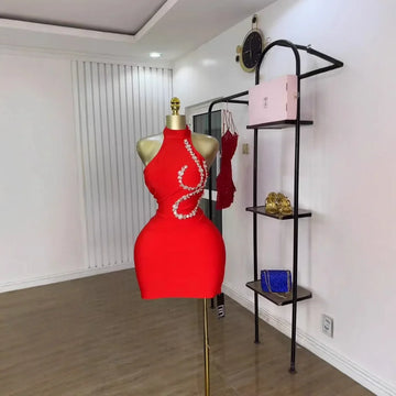 Red Black Color Women Sexy Off the Shoulder Shinning Crystal Bodycon Mini Bandage Dress Nightclub Party Bar Singer Birthday Wear Red