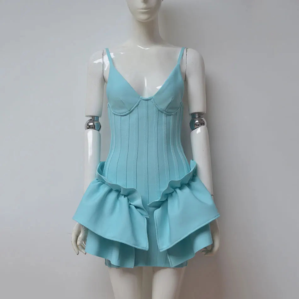Free Shipping New Bandage Dress Women Spaghetti Strap V-Neck White Ruffles Night Club Sexy Celebrity Party Bodycon Mini Dresses SKY BLUE
