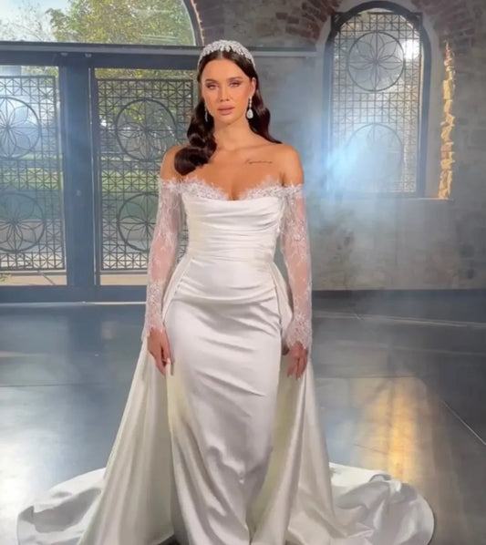 Stunning Mermaid Overskirt Wedding Dress With Detachable Train Bridal Gowns Lace Long Sleeve Off Shoulder Satin Vestido De Novia