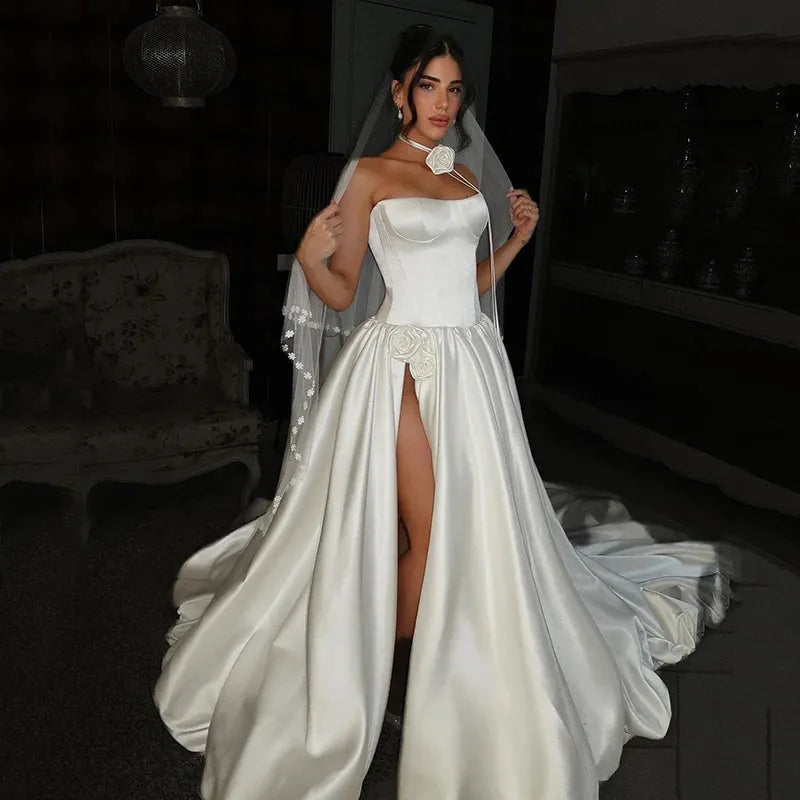 White A-Line Wedding Dresses Strapless High Split Wedding Gowns Boho Bridal Prom Dress bestidos de novia Customsized White
