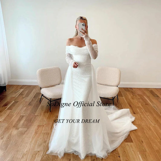 SoDigne Modern Sexy Mermaid Wedding Dress Glitter Shiny Tulle Long Sleeveless For Women Bridal Gowns Vestido De Noiva