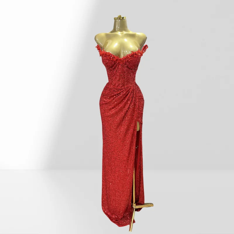 Vestido de alta costura con lentejuelas rojas, sexy, con hombros descu