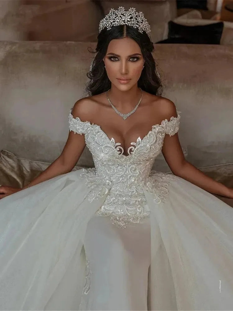Luxury Mermaid Wedding Dresses Detachable Train Appliques Off Shoulder Lace Up Back Aso Ebi Bridal Gown Vestido De Novia Champagne 100cm