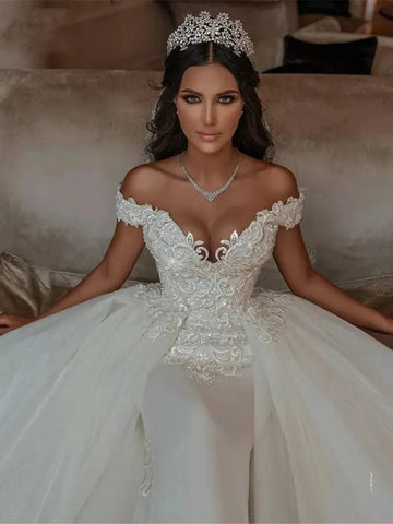 Luxury Mermaid Wedding Dresses Detachable Train Appliques Off Shoulder Lace Up Back Aso Ebi Bridal Gown Vestido De Novia Champagne 100cm