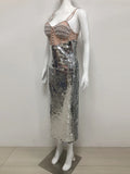New Women Summer Sexy Backless Pearl Beads Diamonds Silver Sequin Midi Bodycon Dress 2025 Elegant Evening Party Gowns Vestido